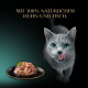 Graue Katze mit türkisfarbenen Augen leckt sich die Lippen neben einem Teller mit Huhn und Fisch; Text 'MIT 100% NATÜRLICHEM HUHN UND FISCH.'