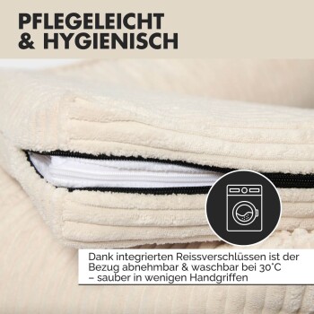 Ein entspannter Hund schläft auf einem weichen, gerippten Haustierbett. Der Text lautet "Kuschelweich" und "Atmungsaktiver, flauschiger Cord-Stoff."