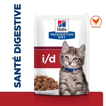 Pochette de nourriture pour chat Hill's Prescription Diet i/d santé digestive avec un chaton tigré gris et une icône de saveur poulet.