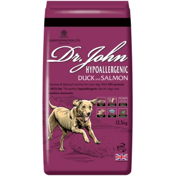Ente und Lachs 2 kg Dr. John Hypoallergenisches Enten- und Lachs-Hundefutter, 12,5 kg Tüte, mit einer Hundillustration, mit 24% Protein und 10,5% Fett.