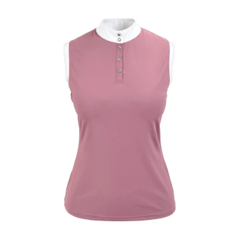 Ärmelloses pinkes Poloshirt mit hohem Kragen und dekorativen Knöpfen am Ausschnitt.