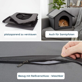 Faltbares graues Katzenhaus mit orangefarbener Katze auf dem Sofa, Nahaufnahme des Reißverschlusses; sichtbare deutsche Beschriftungen: platzsparend, Samtpfoten, Waschbar.
