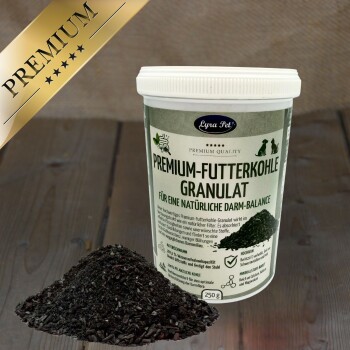 Lyra Pet-Dose mit der Aufschrift 'Premium-Futterkohle Granulat' 250 g, Haufen schwarzer Kohlegranulate, goldenes 'PREMIUM'-Eckbanner