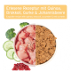 Bild von Haustierfutter mit rohen Hühnerstücken, Brokkoli, Gurkenscheiben und einer Schüssel mit braunem Haustierfutter, mit Text, der ein exquisites Rezept hervorhebt.