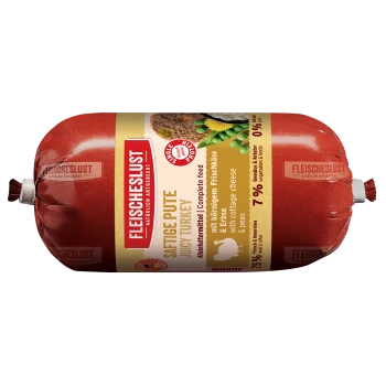 Rote Fleischeslust-Tiernahrungsrolle mit Aufschrift 'Saftige Pute / Juicy Turkey', 75 % Fleisch, 7 % Erbsen & Hüttenkäse
