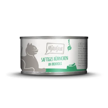 Dosenkatzenfutter mit der Aufschrift 'Mjamjam Saftiges Hühnchen an Brokkoli', mit einer Silhouette einer Katze und grünen Akzenten.