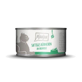 Dosenkatzenfutter mit der Aufschrift 'Mjamjam Saftiges Hühnchen an Brokkoli', mit einer Silhouette einer Katze und grünen Akzenten.