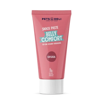 Rosa Tube mit Pets Deli Snackpaste mit der Aufschrift 'Belly Comfort' für eine gesunde Verdauung, mit dem Wort 'Geflügel' und einer Katzensilhouette.