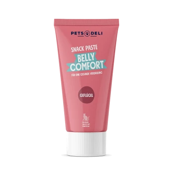 Rosa Tube mit Pets Deli Snackpaste mit der Aufschrift 'Belly Comfort' für eine gesunde Verdauung, mit dem Wort 'Geflügel' und einer Katzensilhouette.