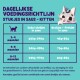 Infographic met dagelijkse voedingsrichtlijnen voor kittens, met een cartoonkat en tabellen met aanbevolen hoeveelheden voedsel per leeftijd.