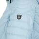 Helle blaue Daunenjacke für Hunde mit einem schwarzen "KNUFFELWUFF" Logo-Patch auf der Schulter.