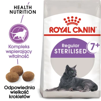 Karma dla kotów Royal Canin Regular Sterilised dla kotów w wieku 7+, z czarnym kotem i kawałkami karmy, z informacjami o zdrowotnych wartościach odżywczych.