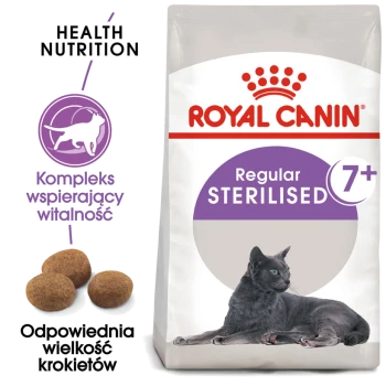 Karma dla kotów Royal Canin Regular Sterilised dla kotów w wieku 7+, z czarnym kotem i kawałkami karmy, z informacjami o zdrowotnych wartościach odżywczych.