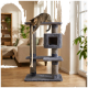Getigerte Katze, die in einem sonnendurchfluteten Wohnzimmer nach einem Seil an einem grauen mehrstufigen Kratzbaum greift