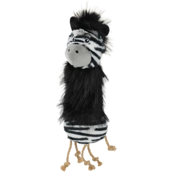 Plüsch-Zebra-Hundespielzeug mit schwarz-weißen Streifen, flauschiger schwarzer Mähne und Seilbeinen.