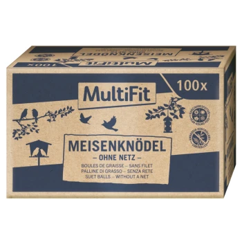 Packung mit MultiFit Meisenknödeln für Vögel, beschriftet mit "MEISENKNÖDEL - OHNE NETZ" mit Illustrationen von Vögeln und einem Vogelhaus.