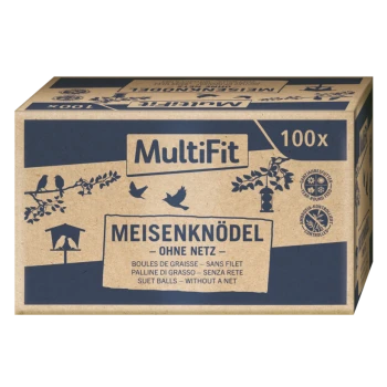 Boîte de boules de suif MultiFit pour oiseaux, étiquetée "MEISENKNÖDEL - OHNE NETZ" avec des illustrations d'oiseaux et d'un mangeoire.
