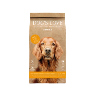 Hundefutter von Dog's Love in einer braunen Tüte, die den Rücken eines Golden Retrievers zeigt, beschriftet mit "Pute" (Truthahn) und "Trockenfutter."