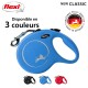 Laisse de chien rétractable bleue de Flexi, avec un logo argenté et un clip, avec le texte indiquant "Disponible en 3 couleurs" et "NEW CLASSIC."