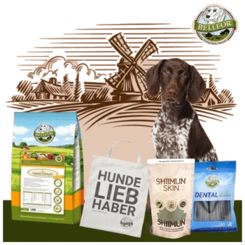 Hundefutterauslage mit BELLFOR-Tasche, "HUNDE LIEB HABER" Tragetasche, SHIIMUN SKIN und DENTAL-Sticks, in einer ländlichen Szene mit einer Windmühle.