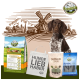 Hundefutterauslage mit BELLFOR-Tasche, "HUNDE LIEB HABER" Tragetasche, SHIIMUN SKIN und DENTAL-Sticks, in einer ländlichen Szene mit einer Windmühle.