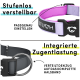 Verstellbares Hundehalsband in Schwarz und Lila, mit einem Logo und Text, der die verstellbare Passform und die integrierte Zugverteilung hervorhebt.