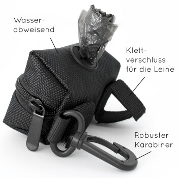 Schwarzer Haustierabfallbeutelspender mit wasserdichtem Design, Klettverschluss-Leinenbefestigung und einem stabilen Karabiner.
