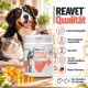 Etikett für ReavET Omega-3 Lachsölkapseln für Hunde und Katzen, das die Vorteile für Gelenke, Haut und Fellgesundheit hervorhebt.
