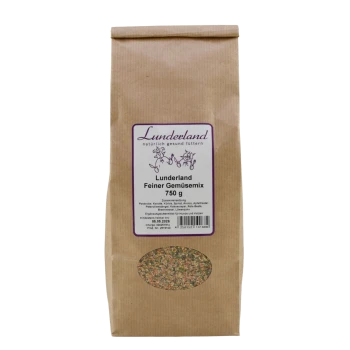 Zwei braune Papiertüten mit Haustierfutter, beschriftet mit "Lunderland Feiner Gemüsemixt" in den Größen 1,5 kg und 750 g, mit einer Illustration einer grünen Kräutermischung.