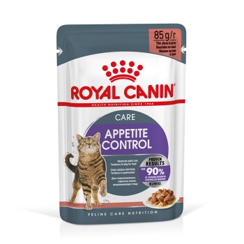 Torebka karmy dla kotów Royal Canin Appetite Control z tabby, z napisem "Proven Results" i "90% właścicieli zgłosiło kontrolowane żebranie."