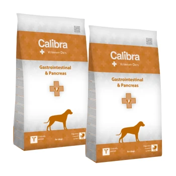 Canine Gastrointestinal & Pancreas 2x2 kg Zwei Tüten Calibra Veterinary Diets Hundefutter, beschriftet mit "Gastrointestinal & Bauchspeicheldrüse," mit einer Hundesilhouette und einem veterinärmedizinischen Kreuzsymbol.