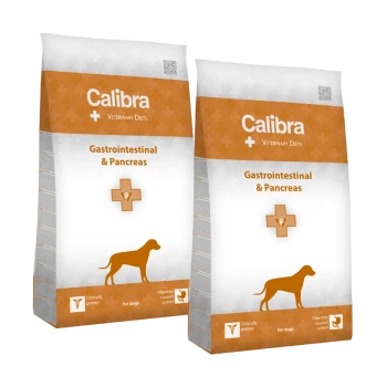 Zwei Tüten Calibra Veterinary Diets Hundefutter, beschriftet mit "Gastrointestinal & Bauchspeicheldrüse," mit einer Hundesilhouette und einem veterinärmedizinischen Kreuzsymbol.