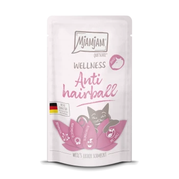 MjAMjAM Wellness Anti-Haarballen Katzenleckerlitasche mit Katzenillustration und deutschem Qualitätssiegel.