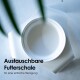 Aufsicht auf eine weiße, schlanke, abnehmbare Futterschale für Haustiere mit dem Text "Austauschbare Futterschale für eine einfache Reinigung."