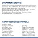 Haustierfutterverpackung mit Zutatenliste auf Deutsch, die den Fleischgehalt, Getreide und die Nährstoffanalyse einschließlich Protein und Vitaminen detailliert.