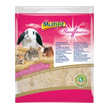 Verpackung für MultiFit Hanffasern Haustierbettwäsche, mit einem Kaninchen, Meerschweinchen und Hamster. Text hebt Weichheit und Umweltfreundlichkeit hervor.