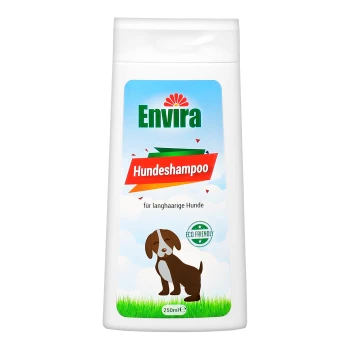 Flasche Envira Hundeshampoo für langhaarige Hunde, 250ml, mit einem Cartoon-Hund und dem Etikett 'Umweltfreundlich'.