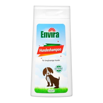 Flasche Envira Hundeshampoo für langhaarige Hunde, 250ml, mit einem Cartoon-Hund und dem Etikett 'Umweltfreundlich'.