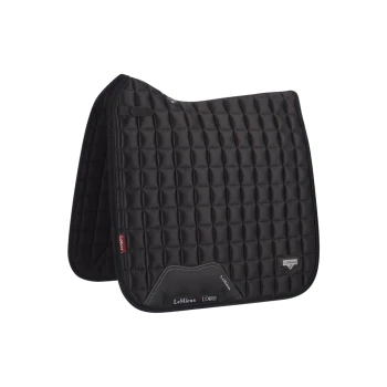 Schwarze, gesteppten Sattelunterlage von LeMieux, mit dem Markennamen und dem Etikett 'LOIRE' an der Seite.