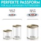 Bild, das zwei Größen von Haustierfutterdosen (200g, 400g und 800g) mit Deckeln zeigt, die für die perfekte Passform beschriftet sind, mit Abmessungen auf Deutsch.