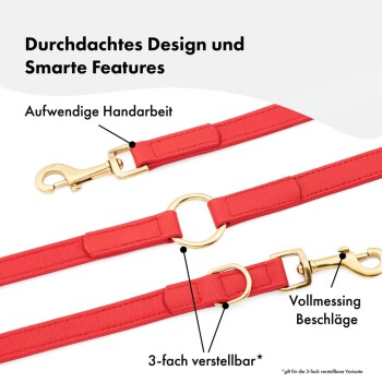 Rote Hundeleine mit goldenen Beschlägen, verstellbarem Design und Text, der "Durchdachtes Design und intelligente Funktionen" auf Deutsch hervorhebt.
