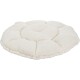 A plush, round pet bed in a soft cream color, featuring a quilted design with raised edges for comfort.