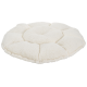 A plush, round pet bed in a soft cream color, featuring a quilted design with raised edges for comfort.