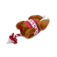 Plush turkey dog toy with red and white reindeer sweater pattern and red and white rope tail on white background.
