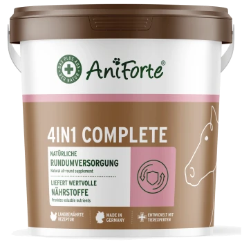 AniForte 4in1 Komplett-Pferdeergänzung, 3 kg Behälter mit Pferdeillustration und zweisprachigem Text über die Vorteile für ein glänzendes Fell.