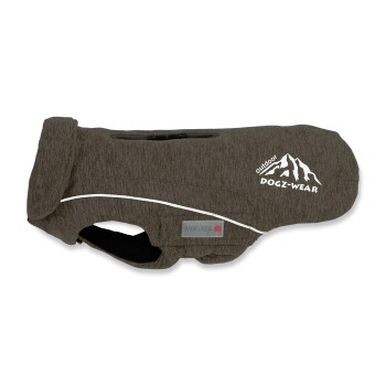 Braune Outdoor-Hundejacke mit "DOGZ-WEAR" und Berg-Logo, Reißverschluss oben und Wolters-Markenetikett.