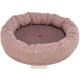 Rundes Hundebett mit einer weichen, strukturierten pinken Außenseite und einem gemütlichen, kreisförmigen grauen Innenraum mit einem Herzdesign in der Mitte.