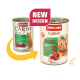 Twee blikken Animonda Carny Adult kattenvoer met rundvlees, kalkoen en konijn, met oud en nieuw ontwerp gelabeld "NEW DESIGN."