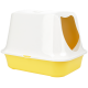 Eine weiße und gelbe Katzenstreu-Box mit seitlichem Eingang und strukturiertem Innenraum für einfachen Zugang und Komfort.