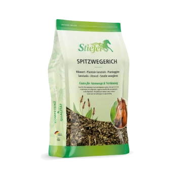 Getrocknete Ribwortblätter in einer klaren Plastiktüte, gekennzeichnet "Stiefel SPITZWEGERICH," mit einem Pferdebild und Text über die Verdauungsvorteile.